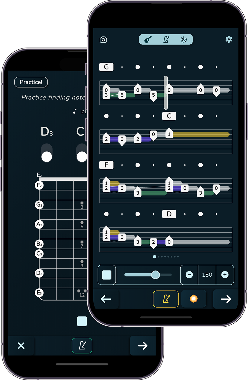 Museli app screenshot showing note identification and fretboard practice