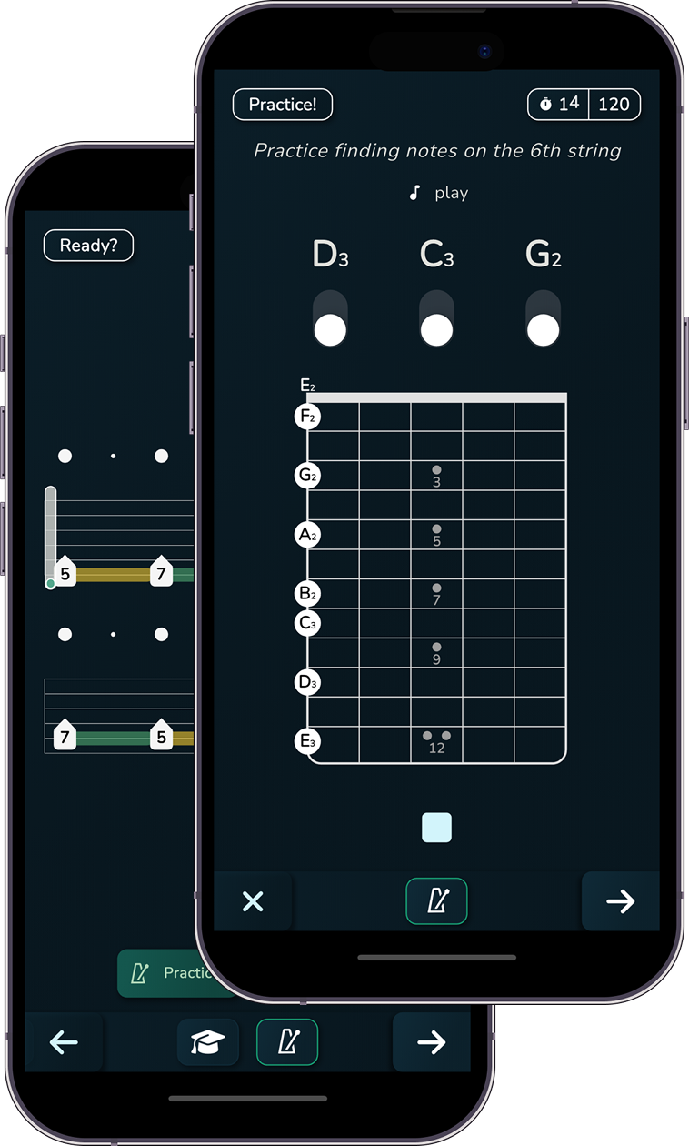 Museli app screenshot showing note identification and fretboard practice